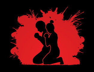 Man and Woman pray together designed on splatter blood background graphic vector