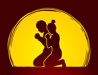 Man and Woman pray together designed on moonlight background graphic vector