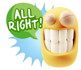 3d Rendering Smile Character Emoticon Expression saying All Righ