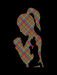 Woman prayer designed using colorful pixels graphic vector.