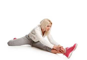 blonde Woman workout fitness stretching splits