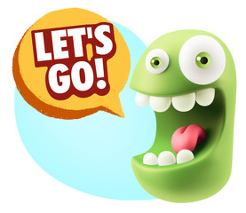 3d Rendering Smile Character Emoticon Expression saying Let'S Go