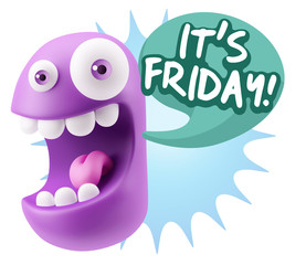 3d Rendering Smile Character Emoticon Expression saying It's Fri