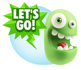 3d Rendering Smile Character Emoticon Expression saying Let'S Go
