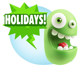 3d Rendering Smile Character Emoticon Expression saying Holidays