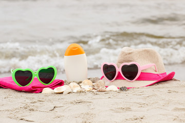 Accessories for vacation on sand at beach, sun protection, summer time