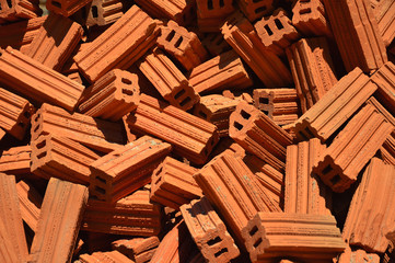 Stack of red brick, selective focus. 