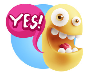 3d Rendering Smile Character Emoticon Expression saying Yes with