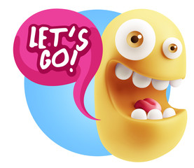 3d Rendering Smile Character Emoticon Expression saying Let'S Go