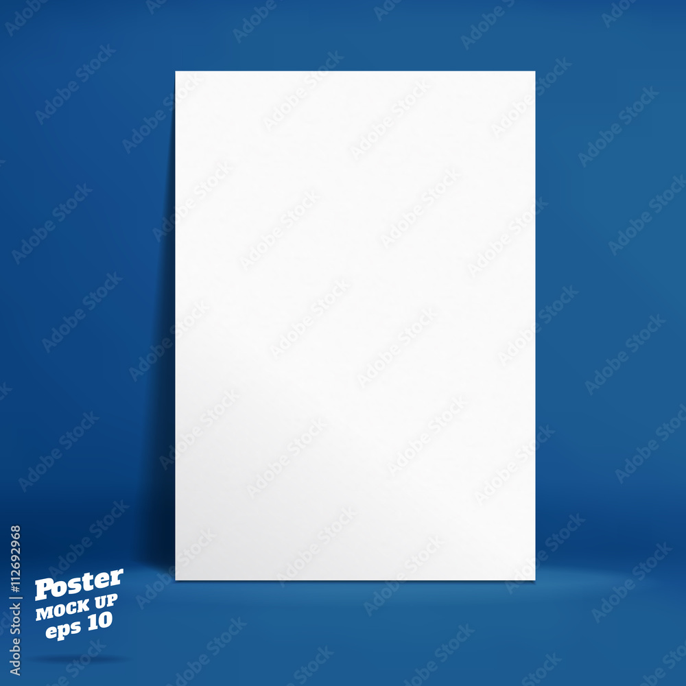 Poster vector : white paper poster in navy blue studio room, template mock up for display of product or you