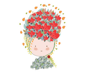 Doodle flowers beautiful girl face.