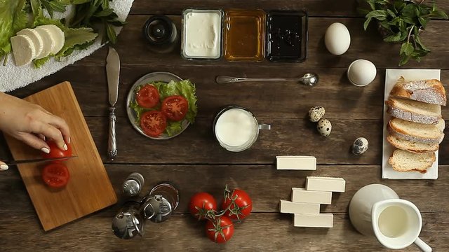 cooking salad on a wooden surface. close-up