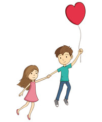 Obraz na płótnie Canvas Cute Valentine's Couple Holding Hand And Love Balloon
