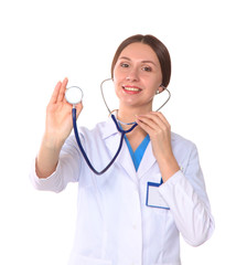Beautiful general practitioner is working with joy. She is standing with a folder of documents in her hand