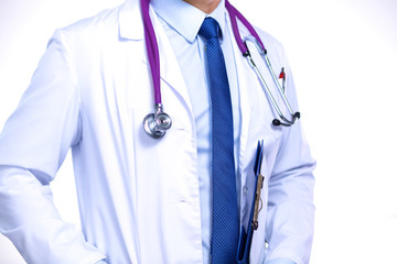 healthcare and medicine concept - serious male doctor with stethoscope