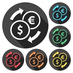 Set of Dollar Euro exchange color icons set with long shadow