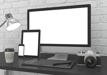 Responsive mockup screen. Monitor, tablet, phone on table in office. 3d rendering.