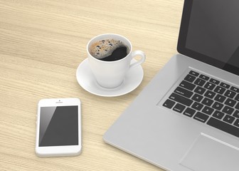 Laptop smartphone and coffee cup on wood. 3d rendering.