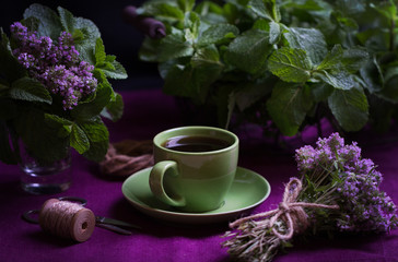 Bouquet of fragrant herbs. Mint and thyme. The style of the dark