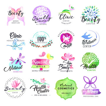 Set of hand drawn watercolor labels for beauty and cosmetics. Vector illustrations for graphic and web design, for cosmetic products, skin care, makeup, beauty center, spa and wellness.