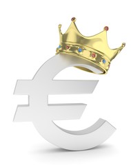 Isolated silver euro sign with crown on white background. European currency. Concept of investment, european market, savings. Power, luxury and wealth. Crown with gems. 3D rendering.