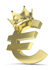 Isolated golden euro sign with golden crown and gems on white background. Concept of making profit, income. Currency sign. European money. 3D rendering.
