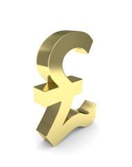 Isolated golden pound sign on white background. British currency. Concept of investment, european market, savings. Power, luxury and wealth. Great Britain, Nothern Ireland. 3D rendering.