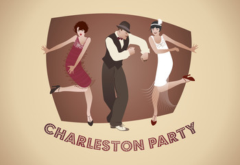 Naklejka premium Impreza Charleston. Mężczyzna i śmieszne dziewczyny tańczą charlestona.