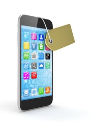 Smart phone with golden price tag on white background. Identification, price, label. Luxury and expensive offer. 3D rendering.