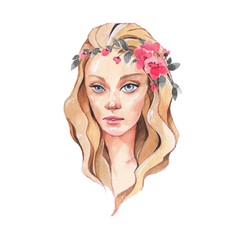 Girl with blue eyes 2. Beautiful female face. Watercolor illustration