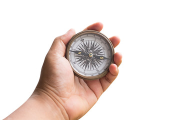 compass on hand man isolated white with clipping path.