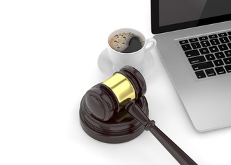 Gavel, laptop and coffee. 3d rendering.