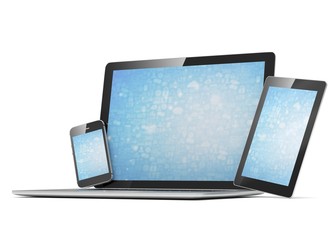 laptop, tablet, phone, on white. 3d rendering.