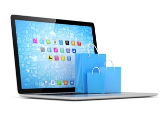 laptop and  shopping pags on white background. 3d rendering.