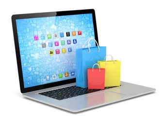 laptop and  shopping pags on white background. 3d rendering.
