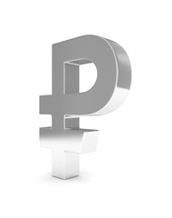 Isolated silver ruble sign on white background. Russian currency. Concept of investment, russian market, savings. Power, luxury and wealth. Russia, Belarus. 3D rendering.