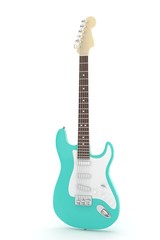 Naklejka premium Isolated turquois electric guitar on white background. Musical instrument for rock, blues, metal songs. 3D rendering.