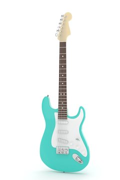Isolated turquois electric guitar on white background.  Musical instrument for rock, blues, metal songs. 3D rendering.