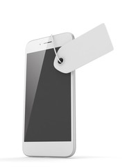 White smart phone with white price tag on white background. Identification, price, label. 3D rendering.