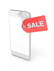 White smart phone with red price tag on white background. Identification, price, label. 3D rendering.
