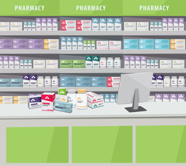 Modern interior pharmacy and drugstore. Sale of vitamins and medications. Cartoon vector simple illustration.