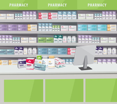 Modern Interior Pharmacy And Drugstore. Sale Of Vitamins And Medications. Cartoon Vector Simple Illustration.