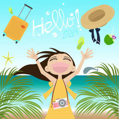 Obraz na płótnie Canvas Hello Summer with happy girl on the beach. Vector Illustration
