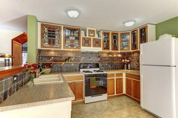 Bright kitchen interior with brown tile and colourful cabinets with stained glass doors 