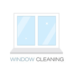Net sparkling window sill. Window cleaning. The emblem or logo of the cleaning company. Glittering window in the flat style. Vector illustration.