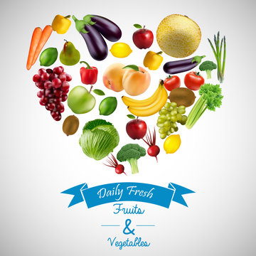 Heart of fruits and vegetables with blue ribbon