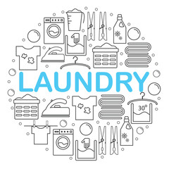 Icons set laundry. Round banner with icons in the style of a laundry line. Icons laundry placed inside a circle on a white background. Vector illustration.