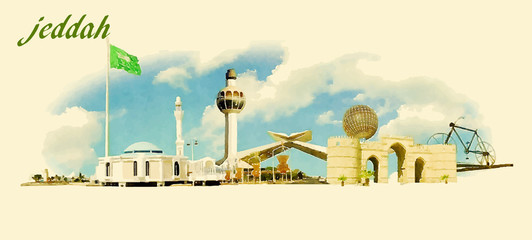 JEDDAH city panoramic vector water color illustration