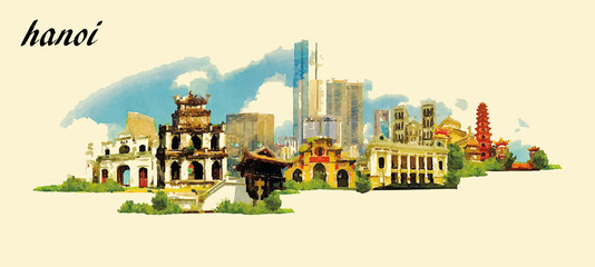 HANOI city panoramic vector water color illustration - obrazy, fototapety, plakaty