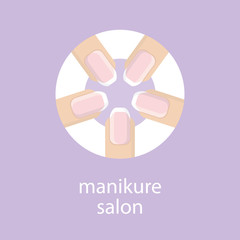 Manicure salon. Banner, emblem or logo of your nail salon. The image of five fingers in a circle with a French manicure. Fingers with a manicure on purple background. Vector illustration.